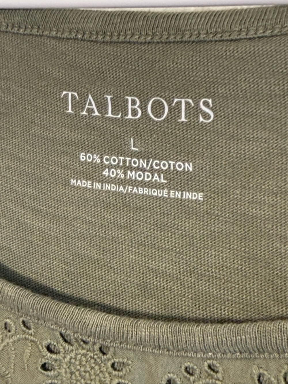 Talbots Large Olive Green Floral Eyelet Embroidered Short Sleeve Cotton Top - Picture 5 of 11